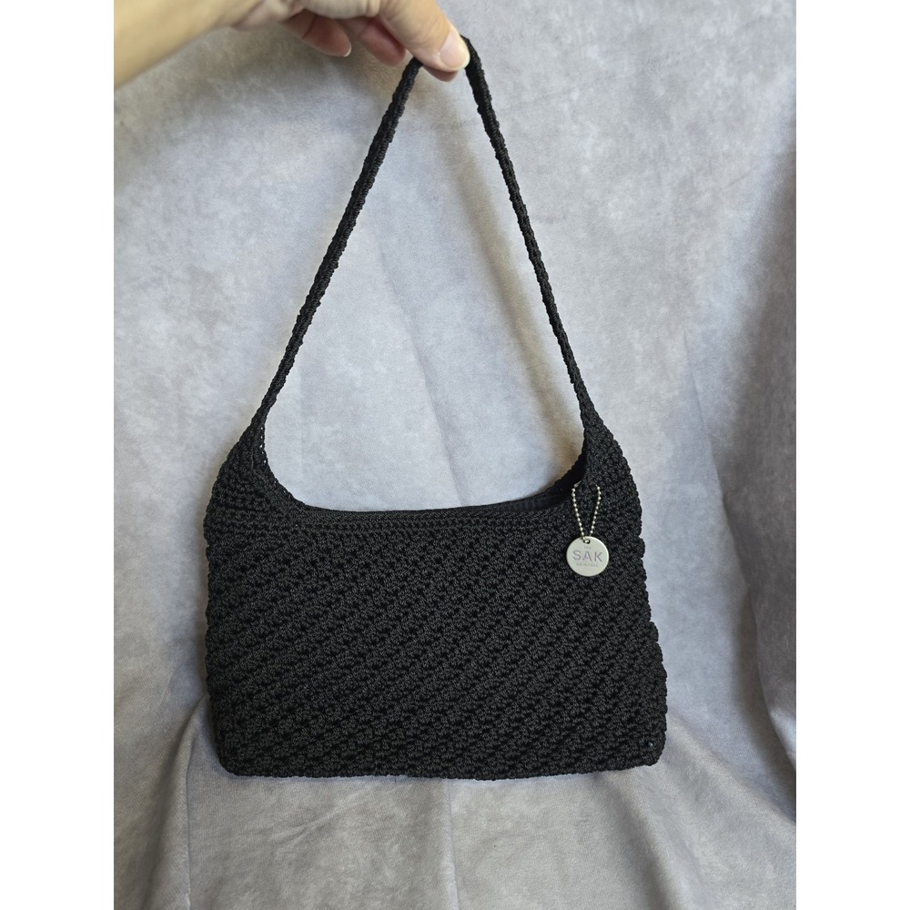 The Sak Black Handbag Woven Crochet Knit Shoulder Bag Classic Shabby Chic Y2K